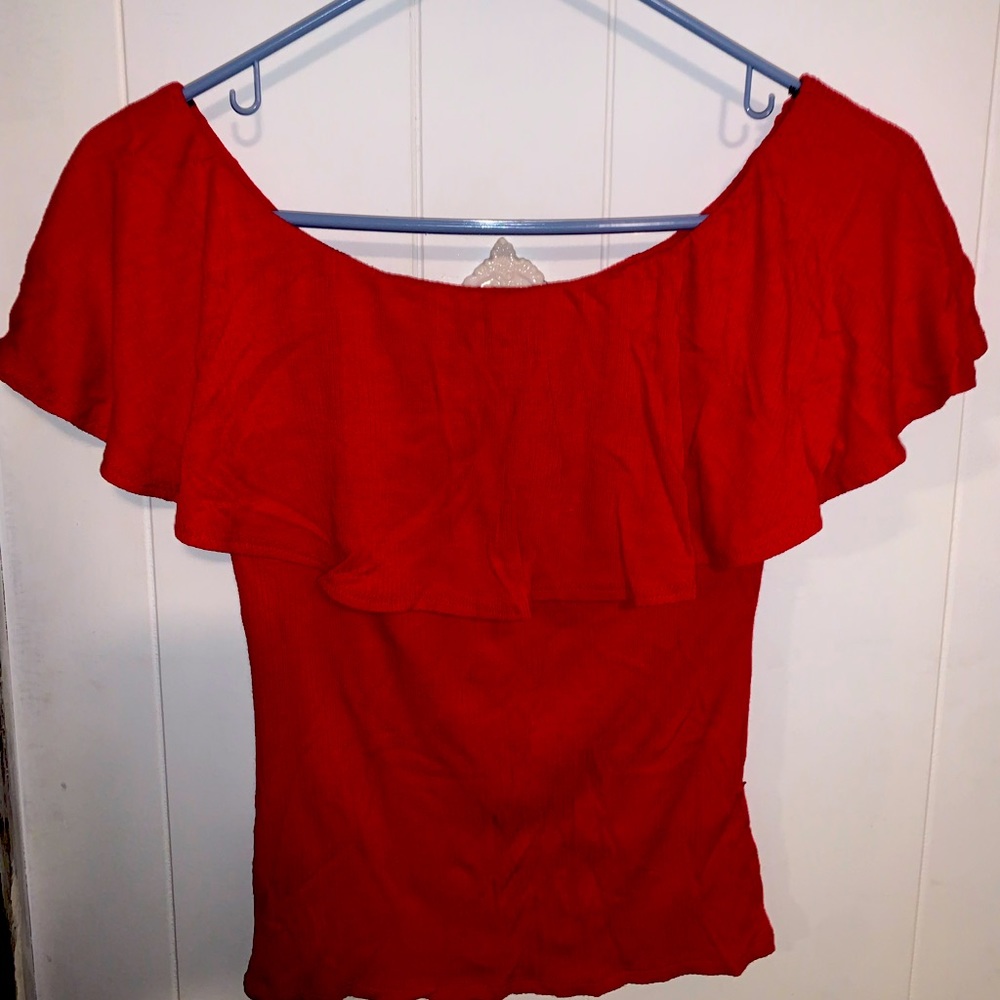 Red, off the shoulder top
